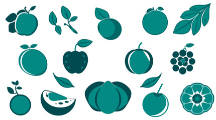 Collection of teal-colored fruit icons, including apples, plums, and berries, with leaves and slices.