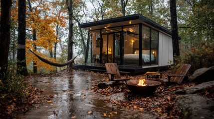 Modern cabin nestled in autumn forest