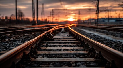 Obraz premium Train Tracks Leading into a Sunset A Perspective View in Outdoor Space