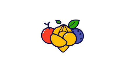 Colorful cartoon illustration of various fruits, including cherries, lemons, and blueberries.