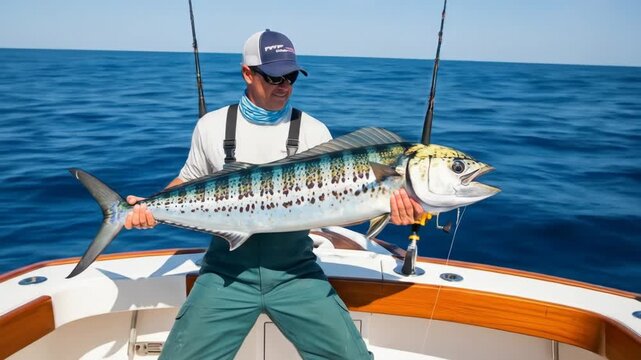Angler Holding Large Wahoo on Sportfishing Boat - A male angler proudly displays a large, freshly caught wahoo while aboard a sportfishing boat on a sunny day.