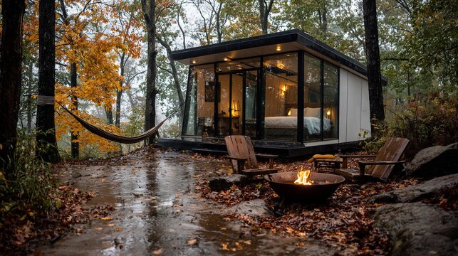 Modern cabin nestled in autumn forest