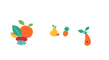 A vibrant collection of stylized fruits and vegetables, including an orange, pear, pineapple, beetroot, and a halved pear.