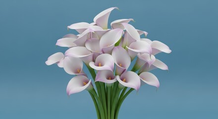 Obraz premium Delicate light pink calla lily bouquet against a serene blue background