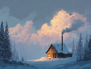 Cozy cabin in snowy landscape, smoke coming from chimney