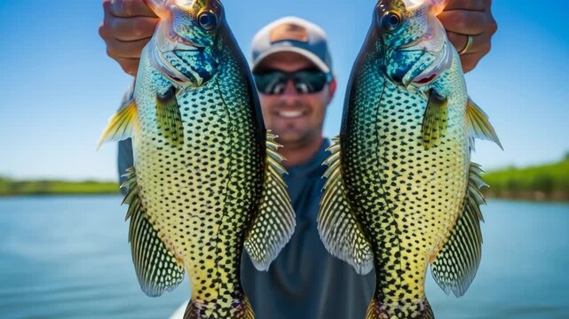 Happy Angler Holding Two Large Crappie - A smiling fisherman, partially obscured by a hat, proudly displays two large crappie fish he has just caught.