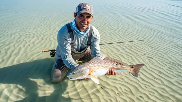 Fly Fisherman with Redfish Catch in Shallow Water - A fly fisherman kneels in crystal-clear shallow water, proudly displaying a large redfish he has just caught.