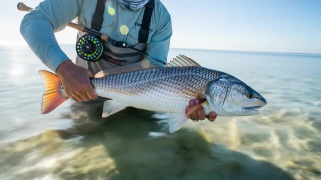 Angler Holding Redfish in Shallow Water - A fly fisherman wading in crystal-clear shallow water carefully holds a large redfish.