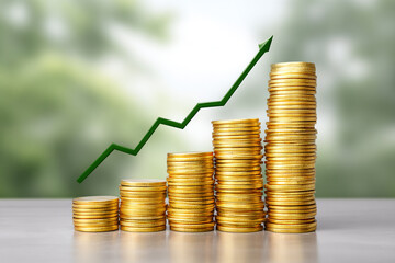 Golden Coin Stack With Green Arrow Shows Financial Growth and Investment Success