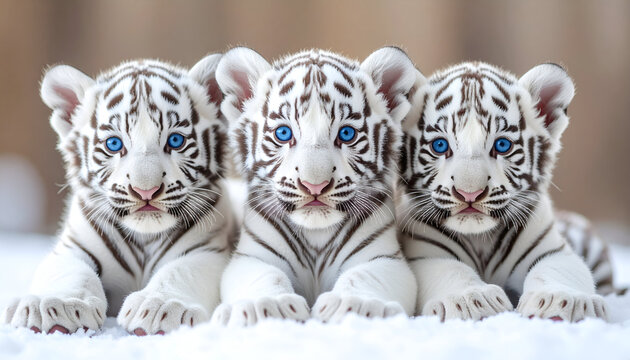 Three White Tiger Cubs Snow. - Powered by Adobe