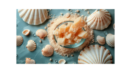 Sea salt bath crystals with seashells on a turquoise background.