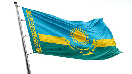 Flag of kazakhstan waving in the wind isolated on white background
