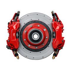 Red brake caliper and rotor assembly.  Close-up view of a car's brake system components.  High-detail 3D render of a rotor, with red calipers clamping down on it. 