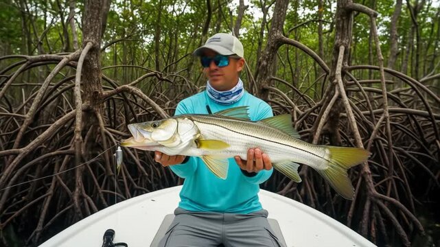 Angler with Snook in Mangrove Forest - A smiling angler displays a large snook he has just caught. The backdrop is a lush mangrove forest with its intricate root system visible in the shallow water.