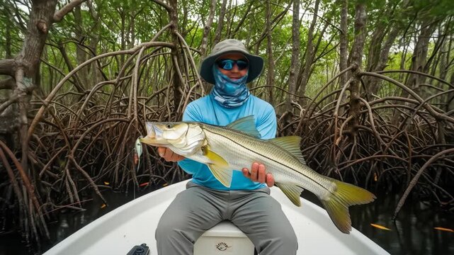 Mangrove Snook Fishing - An angler sits in a small boat within a mangrove forest, proudly displaying a large snook he has just caught.
