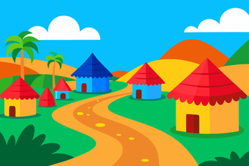 Obraz premium Vector illustration of a village with houses, trees, and gardens on a summer landscape