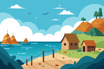 Obraz premium Tropical cartoon vector illustration of a summer island with a palm tree, sand, and ocean waves under a sunny sky