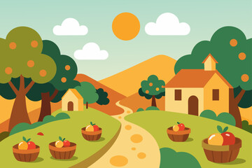 Obraz premium An idyllic rural house sits nestled among a forest of trees, with a bright summer sky above a lush green landscape