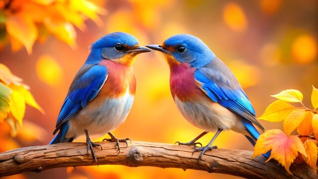 Pair of Vibrant Bluebirds on Autumn Branch
