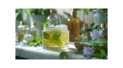 Jar of homemade herbal body scrub with fresh mint leaves and sea salt.