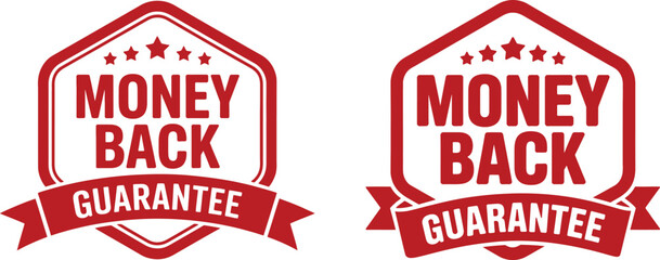 red money back guarantee badges with stars and ribbons, ideal for product packaging, promotions, and customer assurance