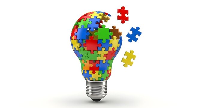 3D render of a glowing lightbulb formed from colorful puzzle pieces gently floating apart