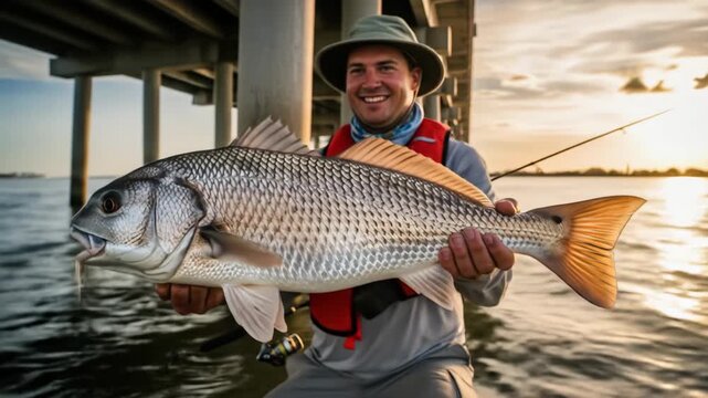 Angler with Large Black Drum Fish at Sunset - A smiling angler displays a large Black Drum he has just caught.