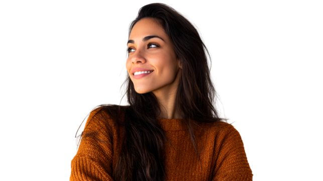 Latina woman with long dark hair smiling and looking away thoughtfully