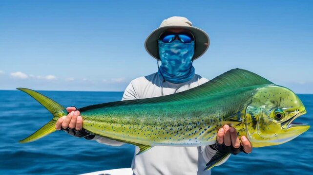 Offshore Angler with Mahi-Mahi Catch - A fisherman displays a vibrant, large Mahi-Mahi on a boat, his face partially obscured by a sun gaiter.