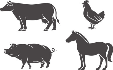 Minimalist Farm Animal Set - Vector Silhouettes of Cow, Pig, Chicken & Horse