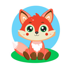Adorable Cartoon Baby Fox with Fluffy Tail and Sparkling Eyes Sitting Playfully