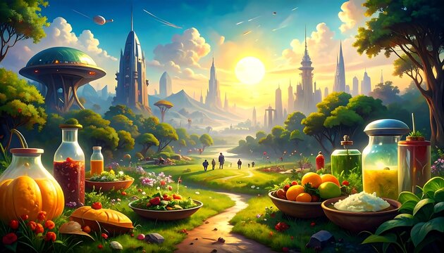 Futuristic cityscape with healthy foods