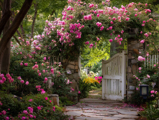 Obraz premium Garden gate with climbing roses in full bloom