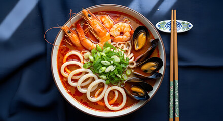 Vibrant Seafood Noodle Soup with Prawns, Mussels, and Squid. Delicious Asian Cuisine Bowl on Dark Background.