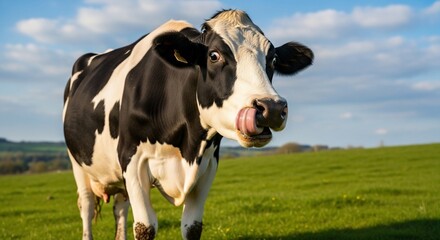 Funny black and white dairy cow licking its nose with a surprised expression in a green field.
