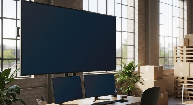 Cutting-edge digital exchange station with an array of monitors set within a commercial warehouse - Powered by Adobe
