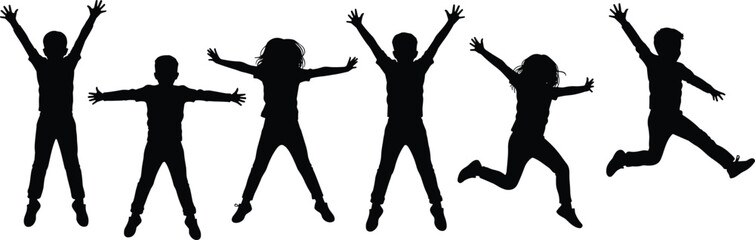 Energetic silhouette of children jumping, stretching arms wide and celebrating with joy, playful kids posing in black on white background