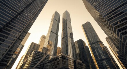 Reflective skyscraper business office buildings, bottom up view of big modern city urban landscape