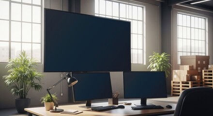 Cutting-edge digital exchange station with an array of monitors set within a commercial warehouse