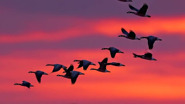A flock of geese flying in V formation at sunset