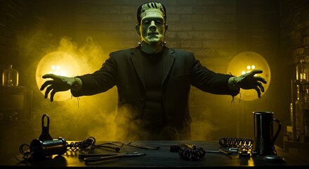 Frankensteins monster stands over a table of tools in a laboratory setting illuminated by two round lights