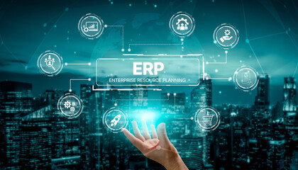 ERP platform visual showing centralized system for enterprise resource planning, improving integration, data flow, business efficiency, finance, inventory, and human resources. Spline