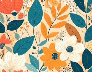 Autumn floral pattern with various blossoms and leaves