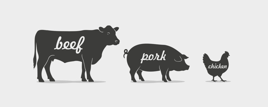 Farm animal silhouettes. Food categories of meat products. Beef, pork, chicken. Template for butcher shop. Vector illustration.