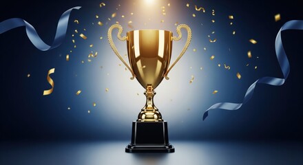 Golden trophy and streamers, business and competition concept, dark blue background