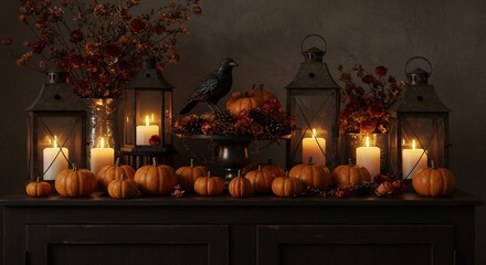Obraz premium Halloween decor features lanterns candles pumpkins a black crow and fall foliage arranged on a dark wooden cabinet
