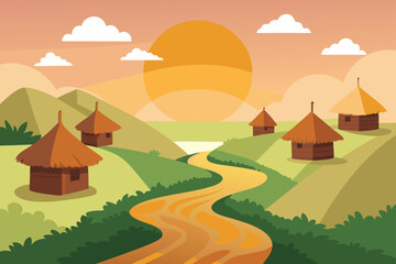 Fototapeta premium Country rural landscape with a small house, trees, and sky