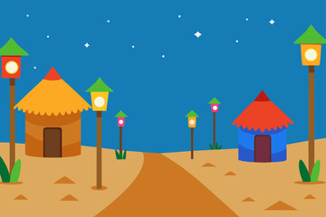 Christmas city landscape with houses, trees, and snow at night, a vector illustration for a holiday card