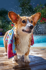 Cute Pembroke Welsh Corgi shaking off water beside a pool after swimming, droplets flying in the air, sunny summer day, playful dog moment.