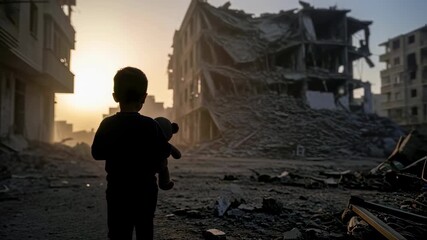 Small child with teddy looking at destroyed buildings, representing war trauma and post-conflict suffering, footage.